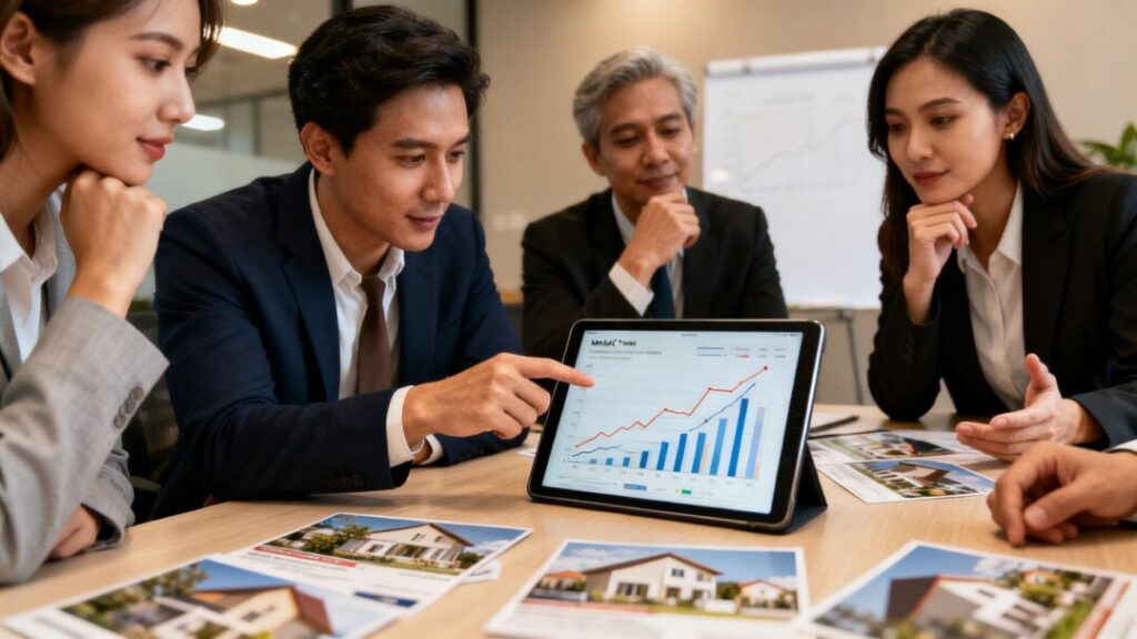 Real estate agents discussing marketing and income insights.