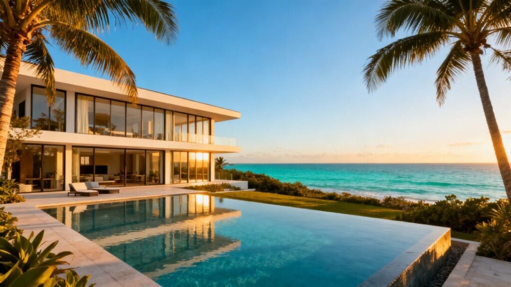 Luxury South Florida mansion with ocean view and palm trees.