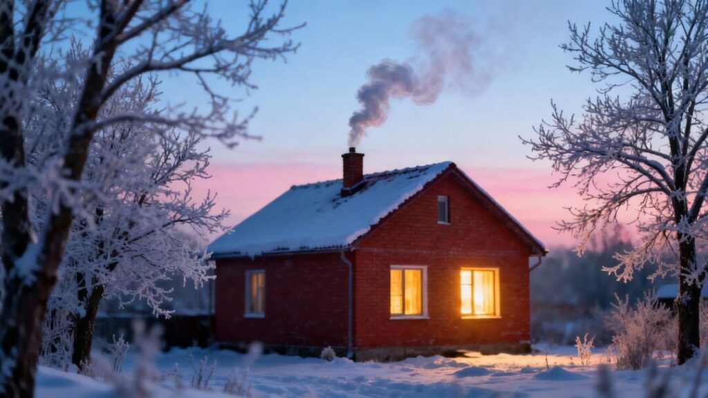 Snowy house with warm lights and smoke from chimney.