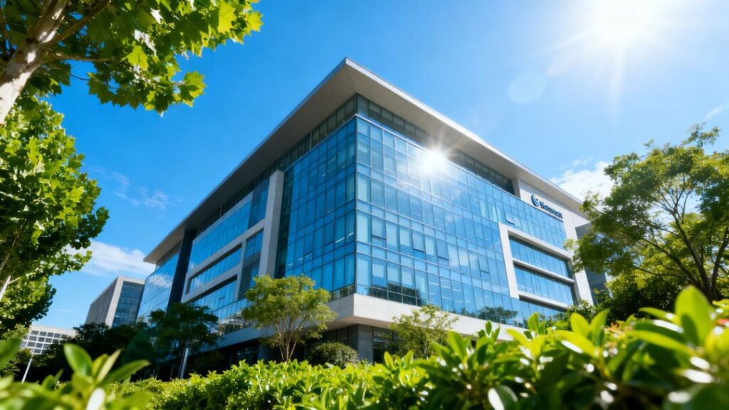 Modern commercial building with green surroundings under a clear sky.
