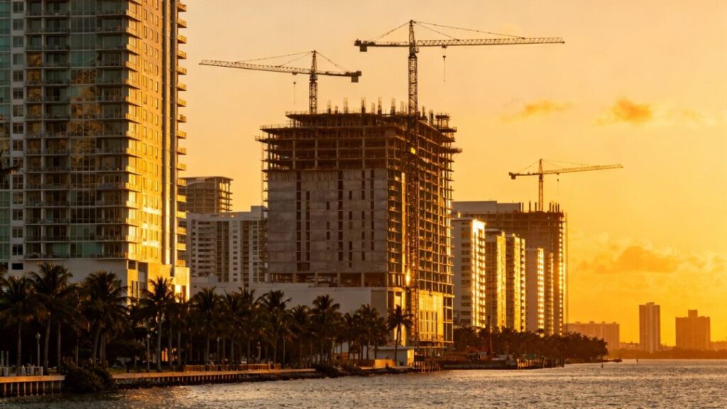 South Florida skyline with construction and palm trees.