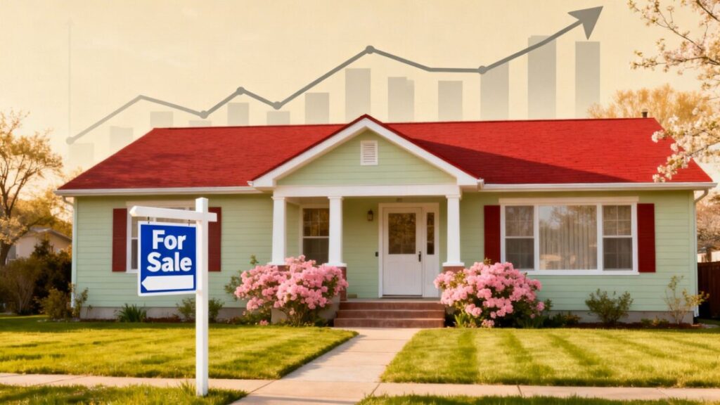 House with 'For Sale' sign, stable market.
