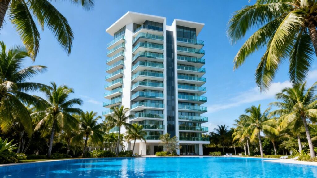 Luxury condo tower with pool and palm trees.