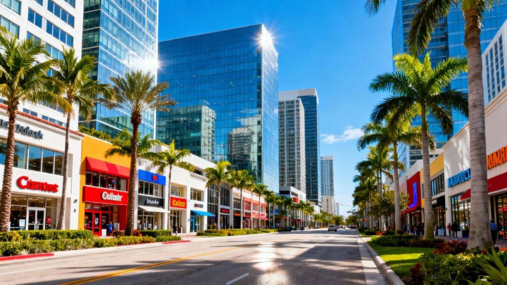Florida commercial and retail buildings with palm trees.