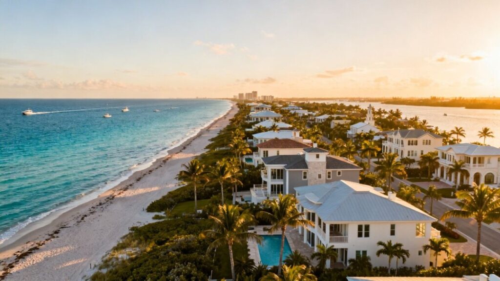 Florida homes near a sunny beach and ocean.
