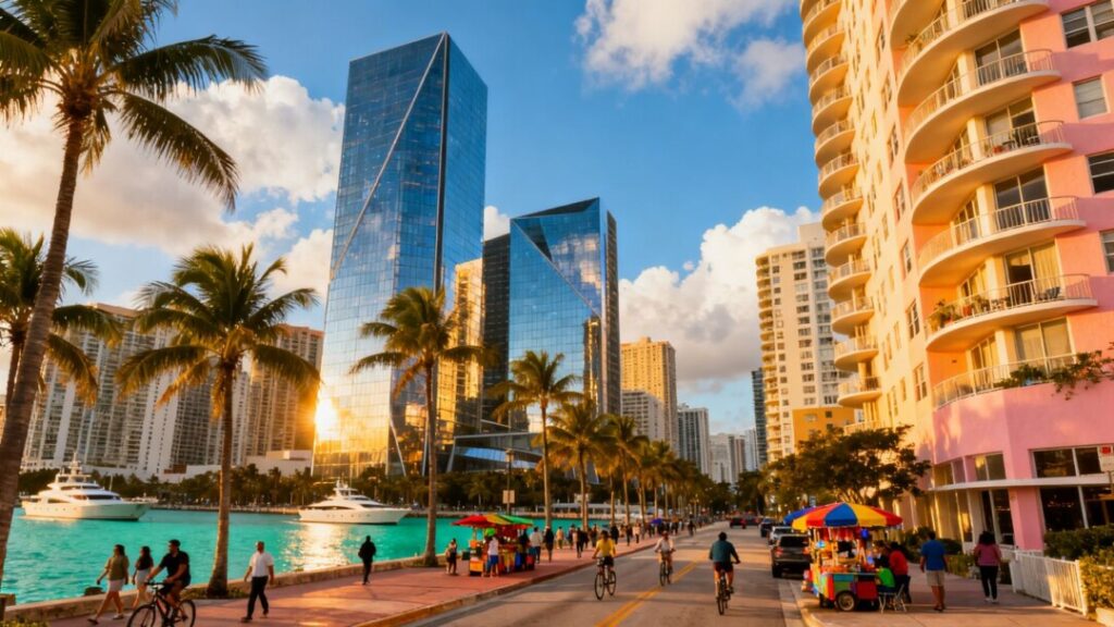 South Florida cityscape with skyscrapers and residential buildings.