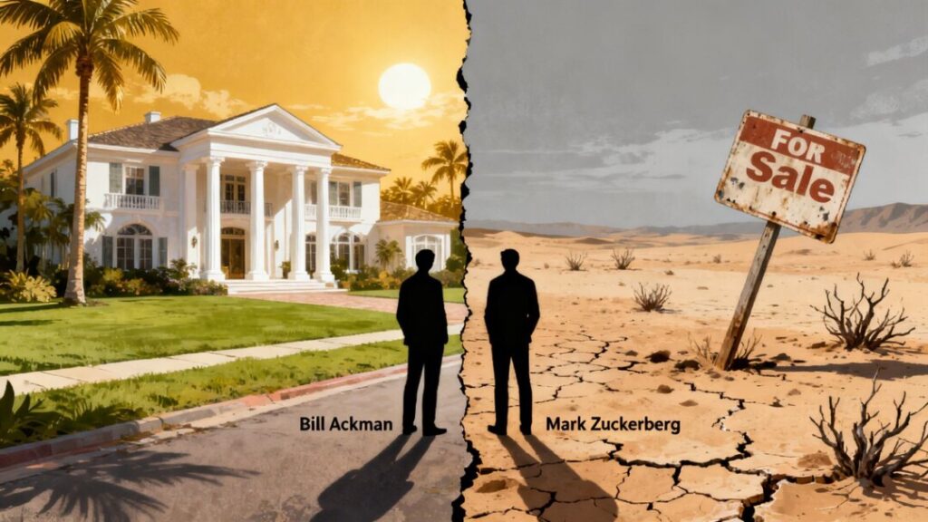 Florida mansion versus California desert, with Ackman and Zuckerberg figures.