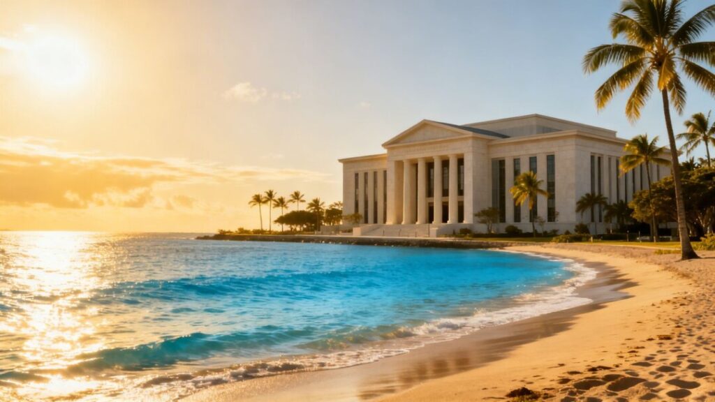 Florida coast with courthouse and palm trees.