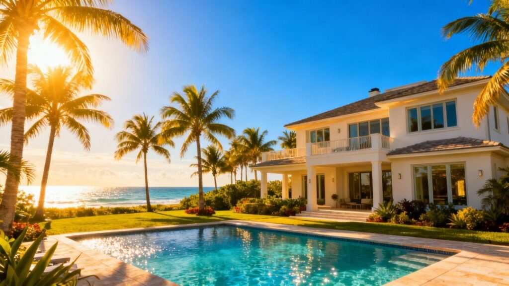 Florida home with pool and palm trees under a sunny sky.