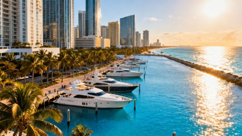 Miami skyline with skyscrapers, yachts, and ocean.