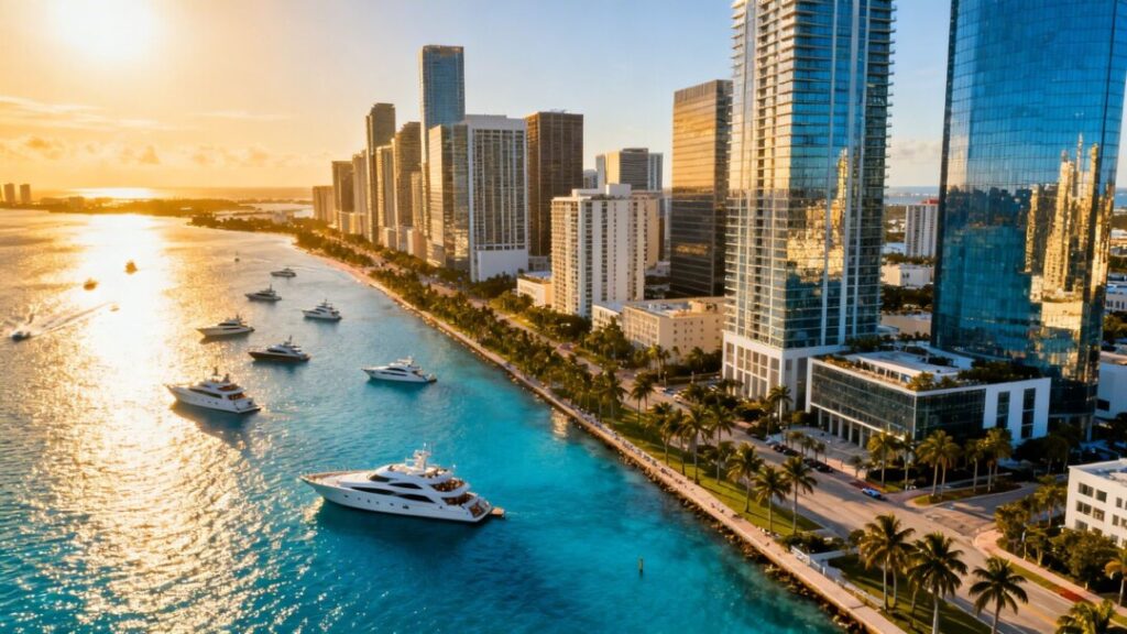 Miami skyline with ocean and luxury yachts.