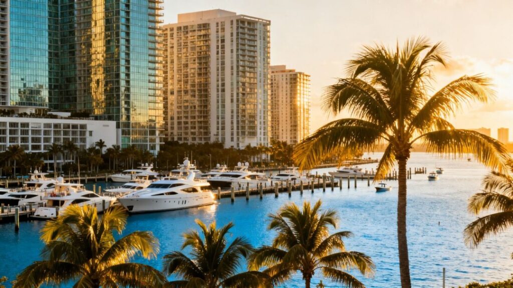 Florida coastline with buildings and yachts.