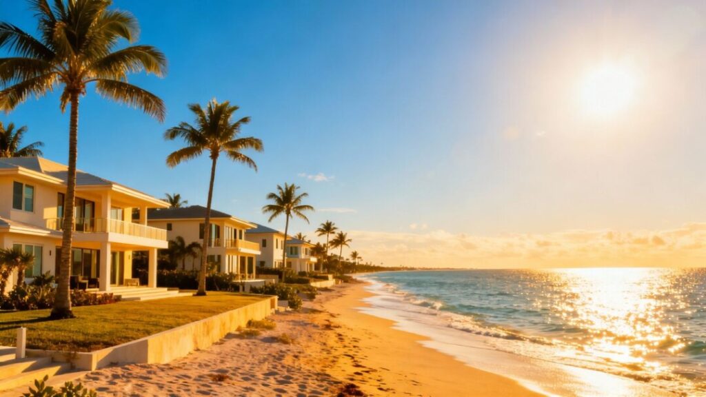 Florida coast with modern homes and palm trees.