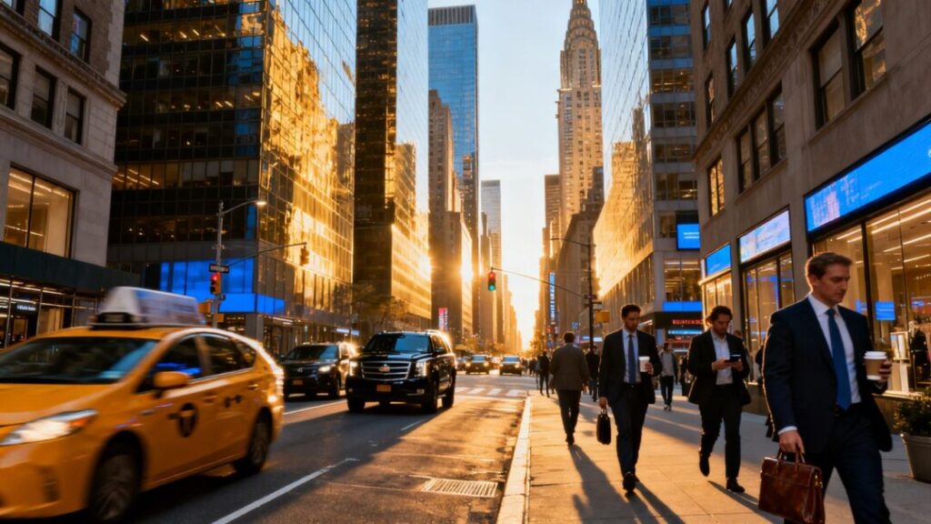 New York City skyscrapers and busy street with people.