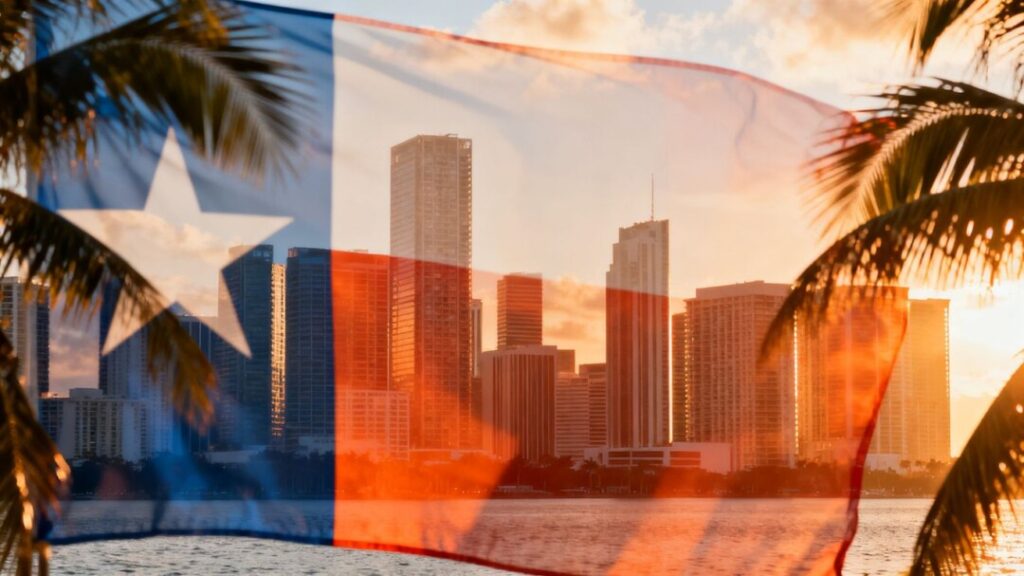 Florida and Texas skylines with palm trees and sun.