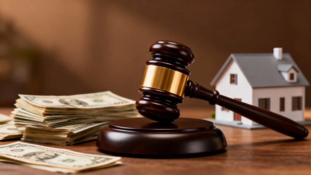 Gavel, money, and house symbolizing real estate settlement.