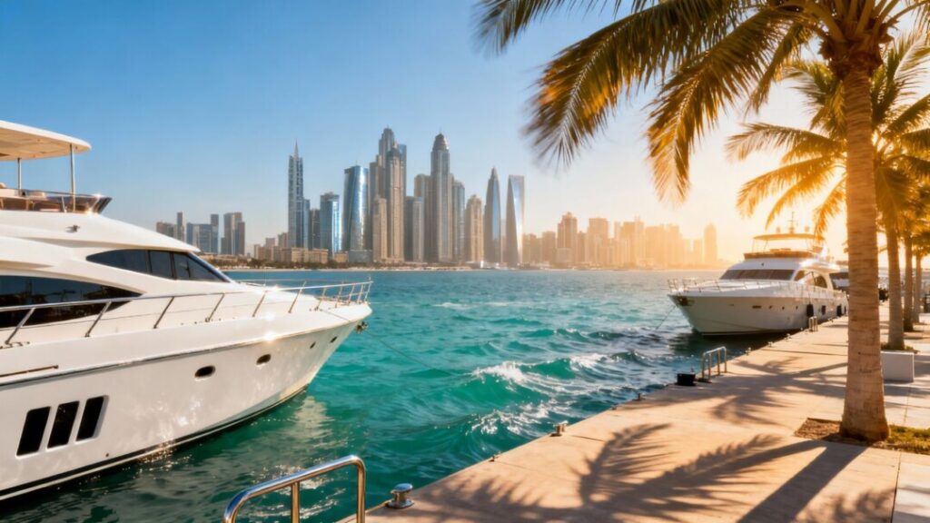 Miami skyline with luxury yachts and palm trees.