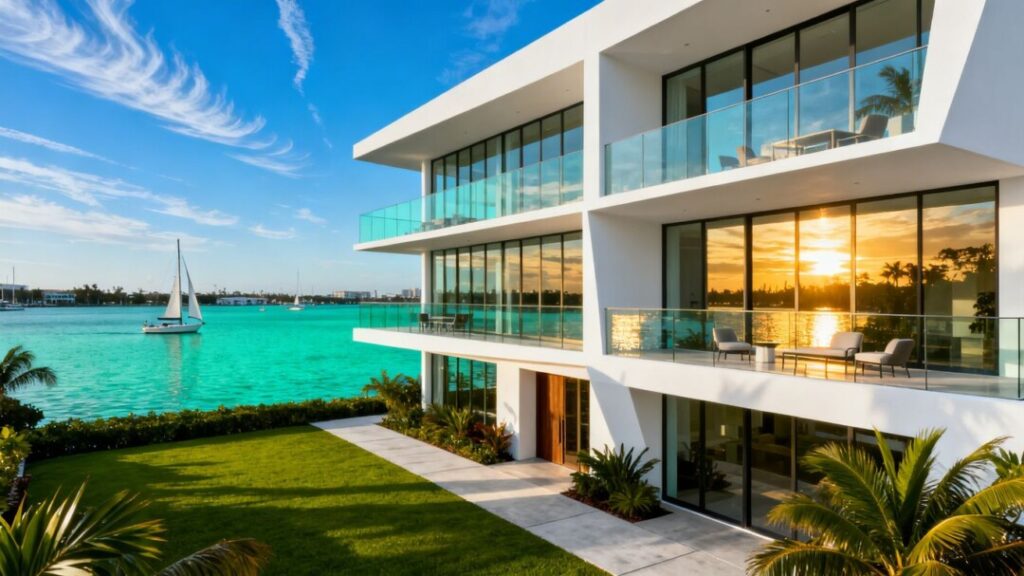 Modern waterfront residences with balconies and lush landscaping.