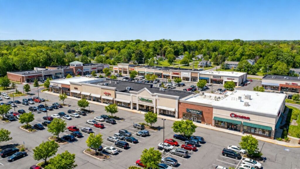 Connecticut shopping plaza with storefronts and parking.