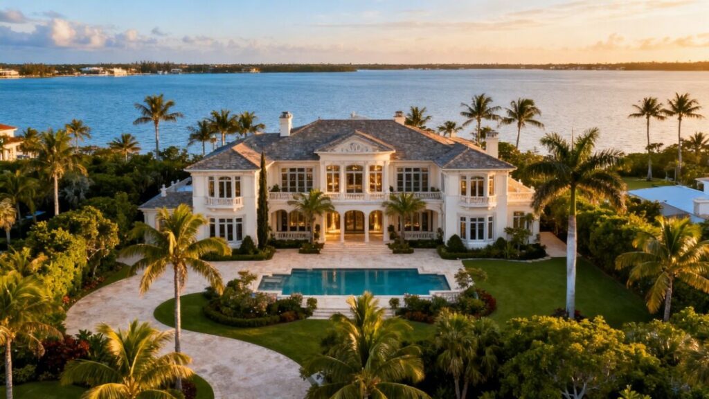 Luxury Florida mansion with waterfront view.