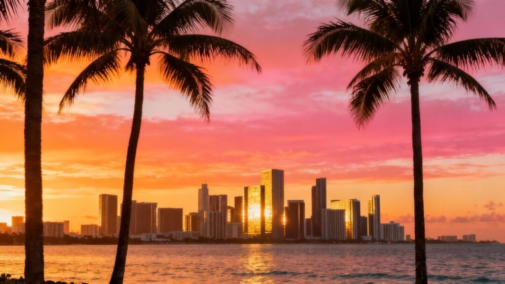 South Florida skyline with palm trees and ocean.