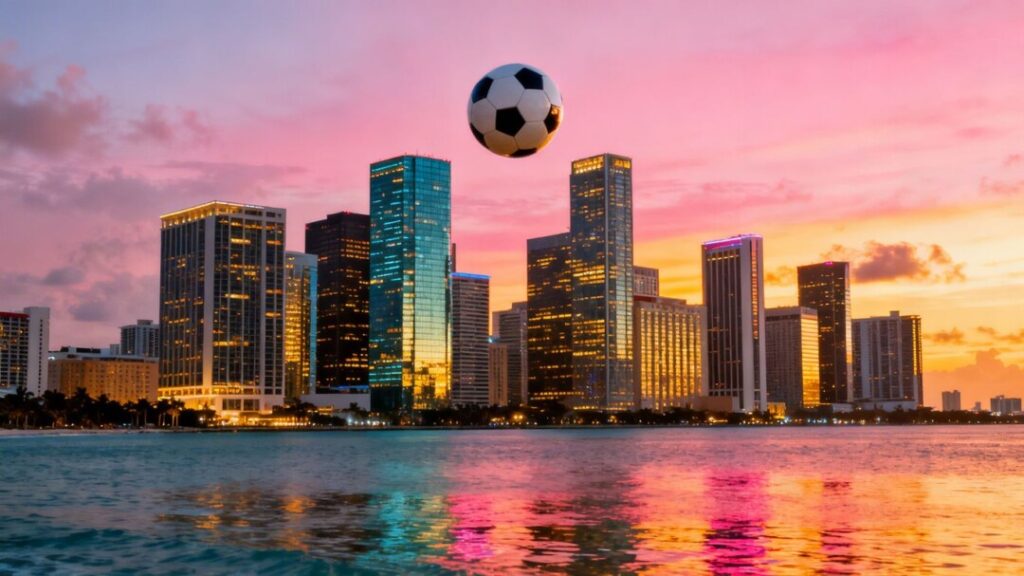 Miami skyline with soccer ball for World Cup 2026.