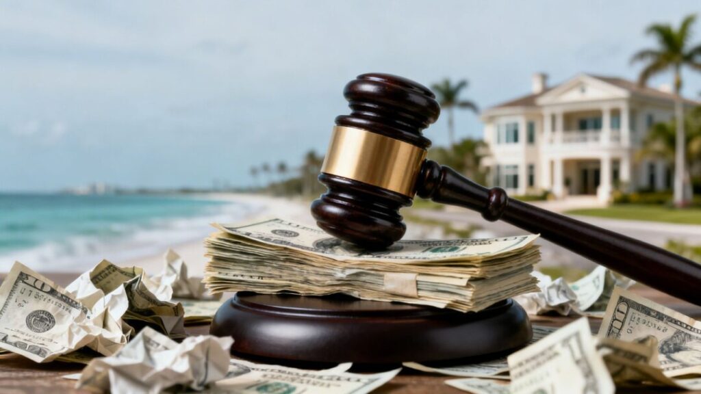 Gavel striking money, Florida coast, luxury home, fraud allegations.