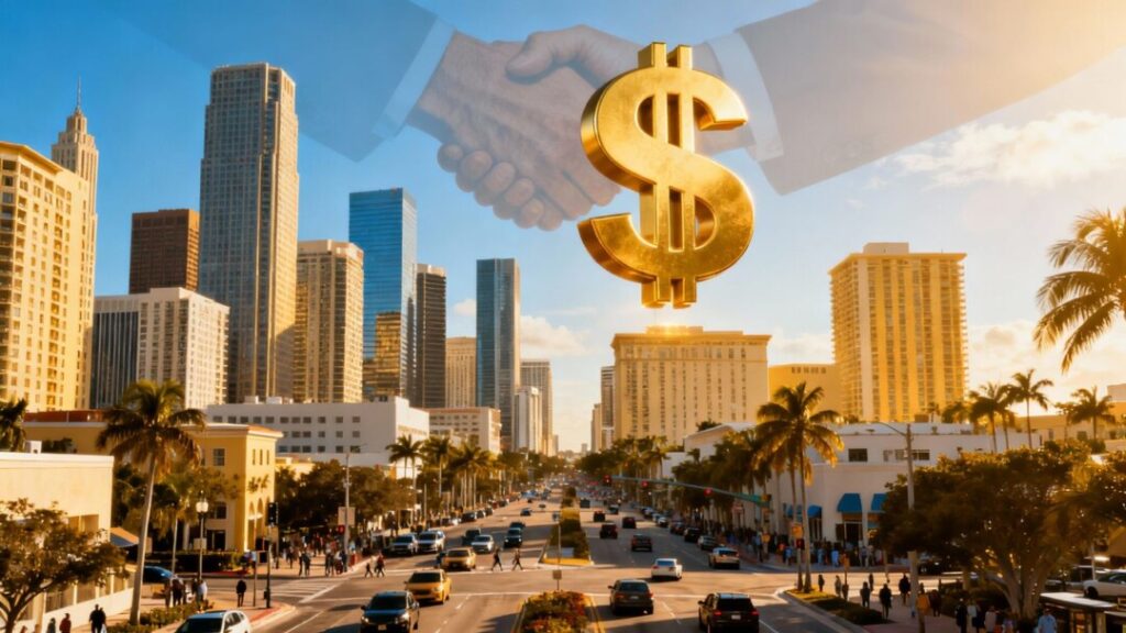 Florida skyline with golden dollar sign and handshake.