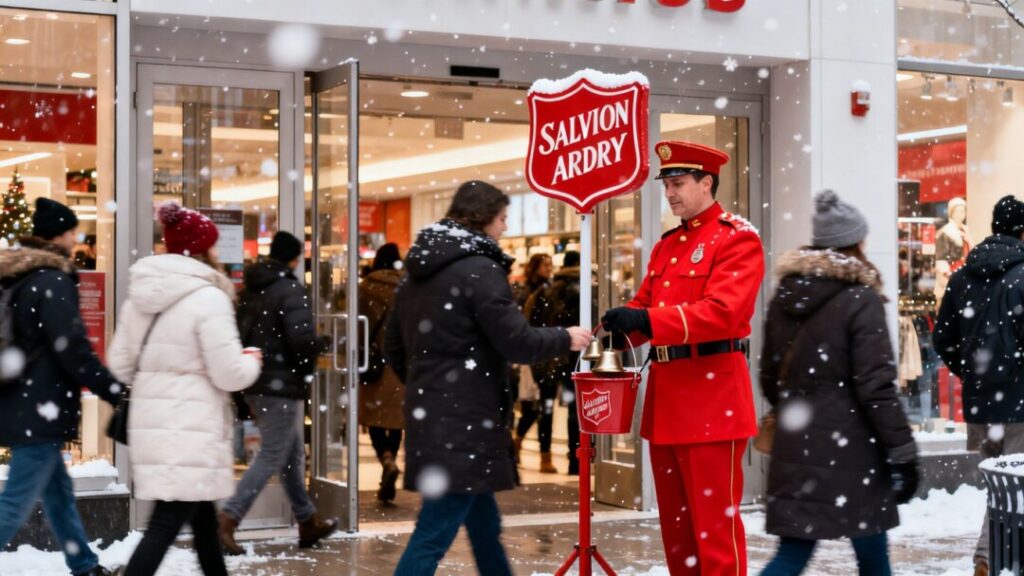 Salvation Army bell ringer at shopping center entrance.