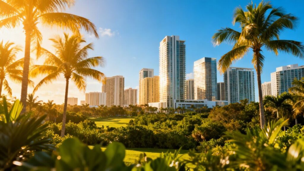 South Florida skyline with palm trees and bright sun.