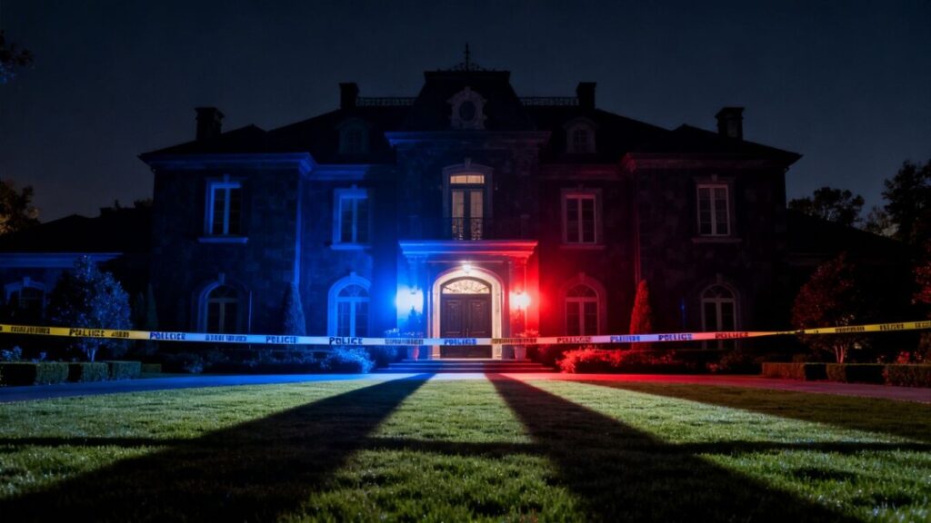 Mansion with police tape and flashing lights