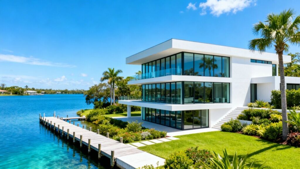 Florida lakefront home with modern architecture and private dock.