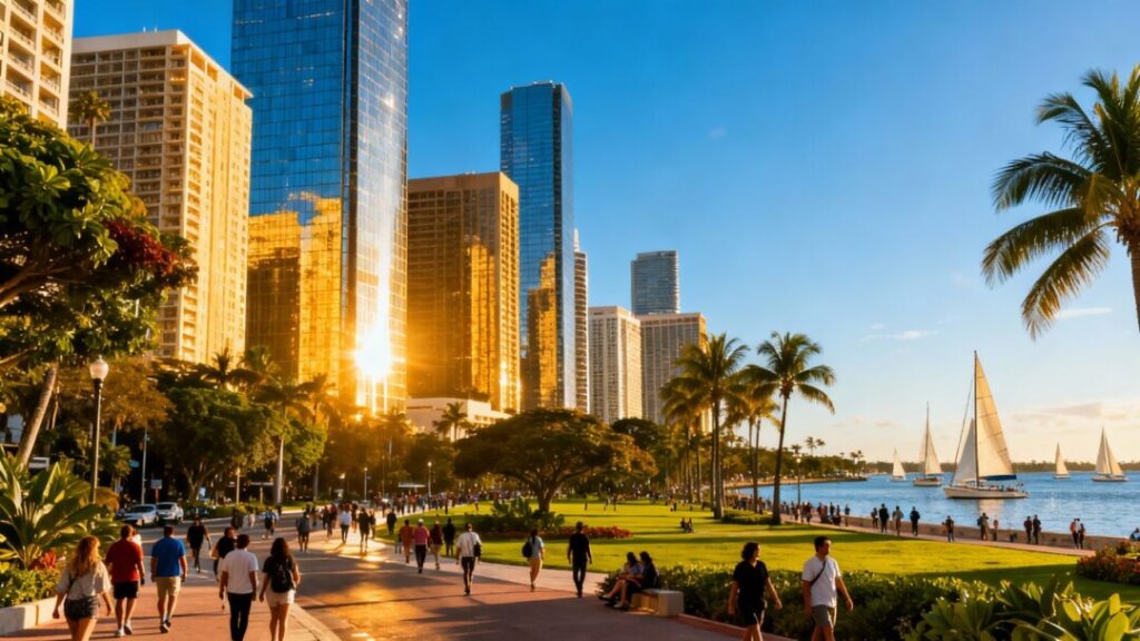 Southwest Florida cityscape with modern buildings and blue sky.