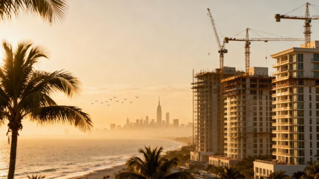 Florida coast with new condos, New York skyline distant.
