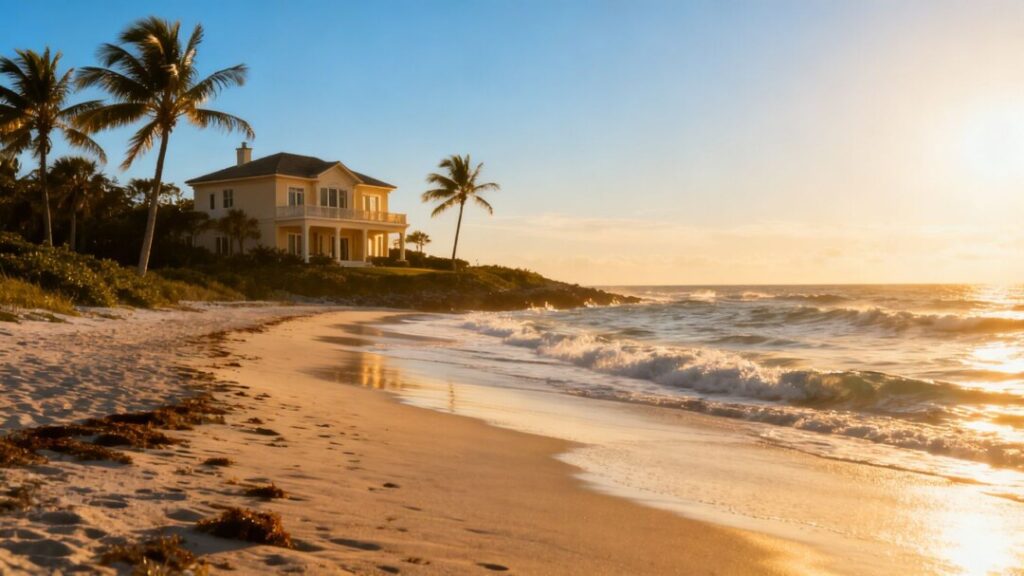 Florida coastline with a house and palm trees.