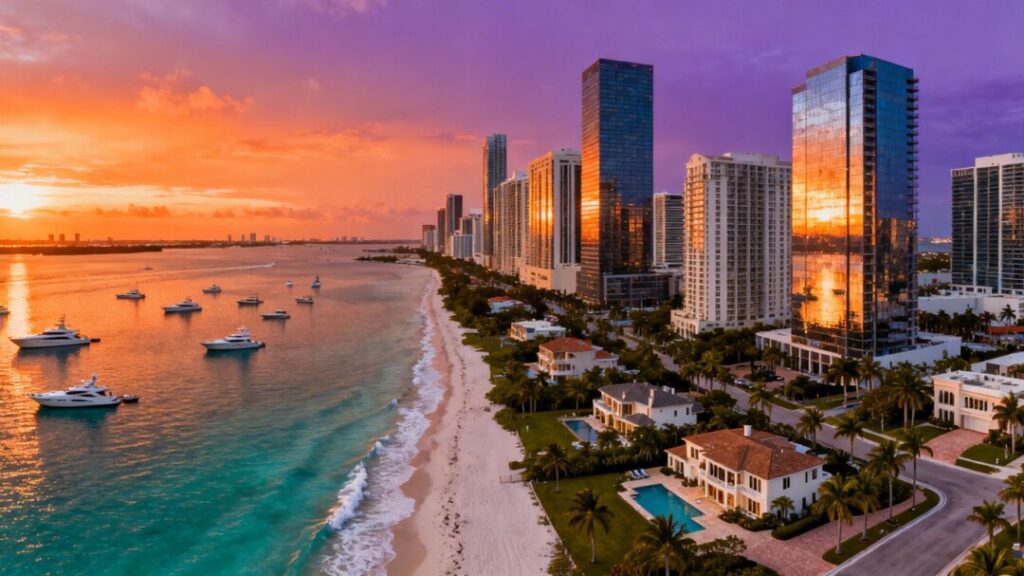 Miami skyline with luxury yachts and waterfront mansions.