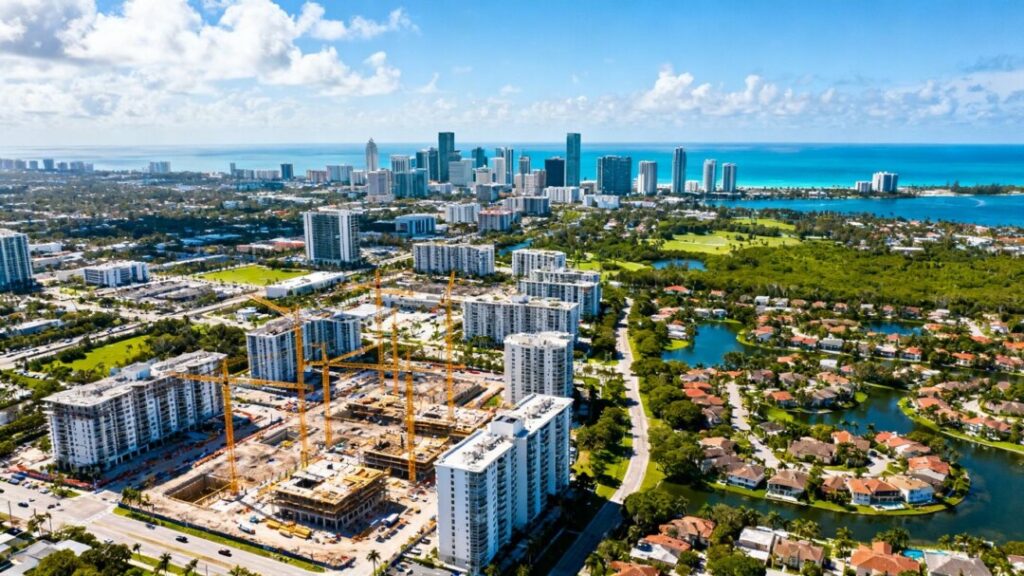 Miami skyline with new residential construction and cranes.