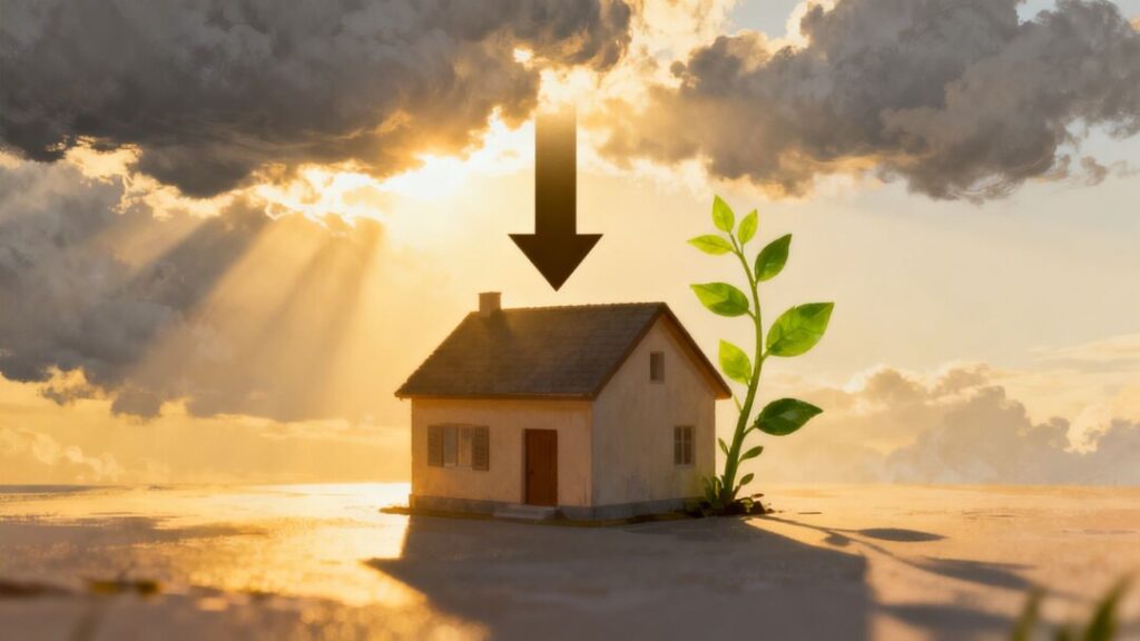 House with falling cost arrow and sunlight.
