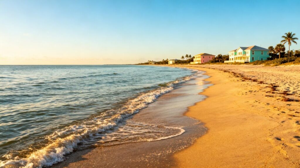 South Florida coastline with houses and ocean waves.