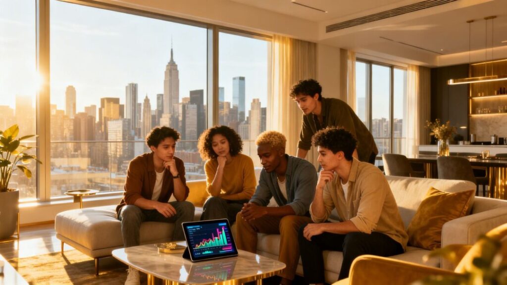 Young adults in a modern home, looking at real estate trends.