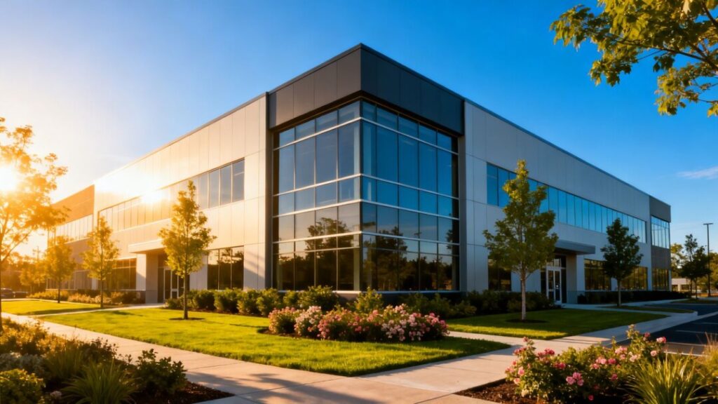 Commercial building with landscaping under a blue sky.