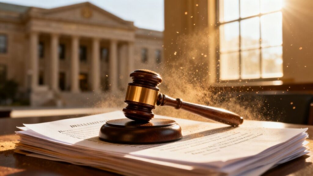 Gavel on documents with courthouse background.