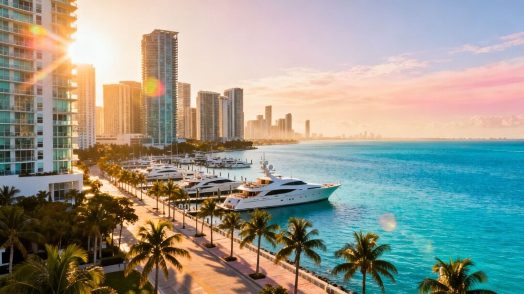 Miami skyline with ocean and luxury condos.