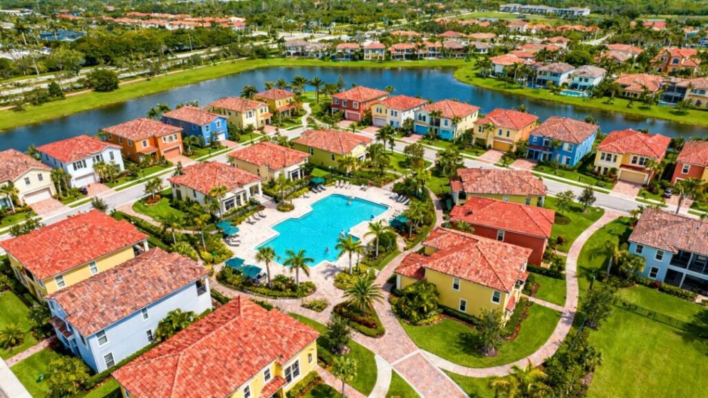 Aerial view of Solera at Avalon Trails active-adult community homes.