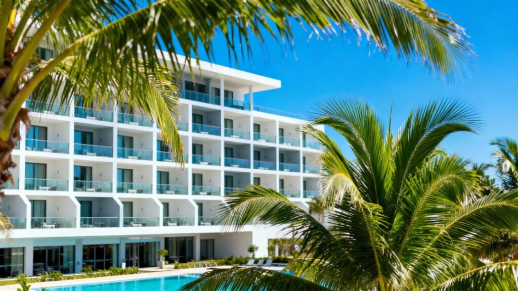 West Palm Beach hotel exterior with palm trees and pool.