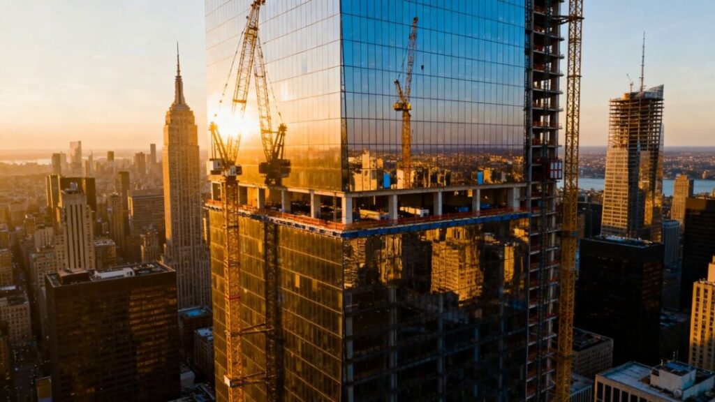 Skyscraper undergoing office-to-residential conversion in financial district.