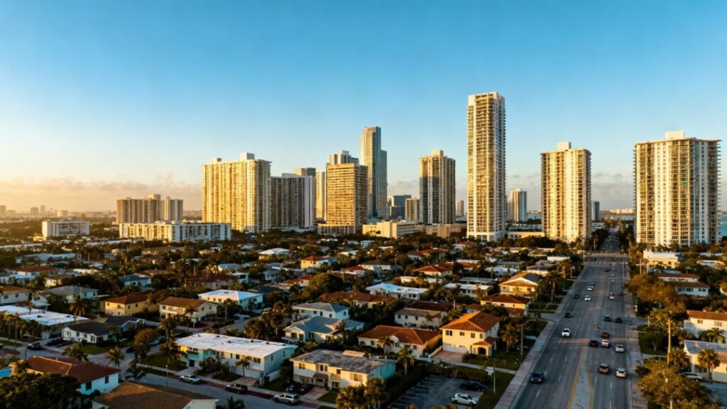Miami skyline with houses and condos.