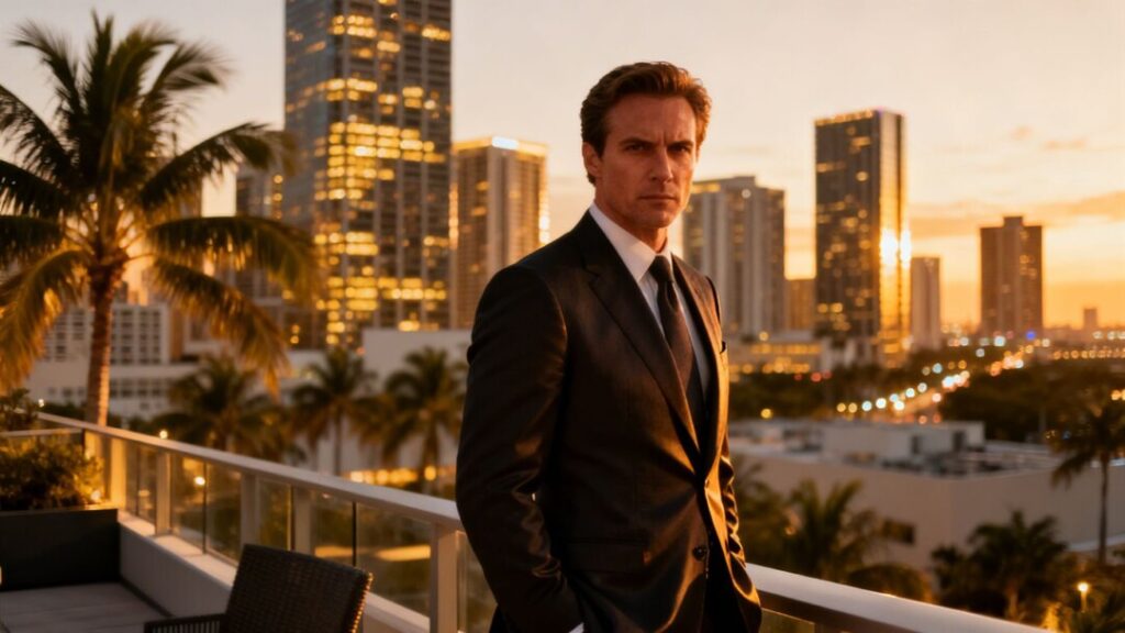 Businessman overlooking Miami skyline with sunset and skyscrapers.