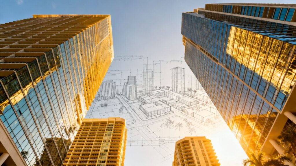 Florida cityscape with skyscrapers and architectural blueprint overlay.
