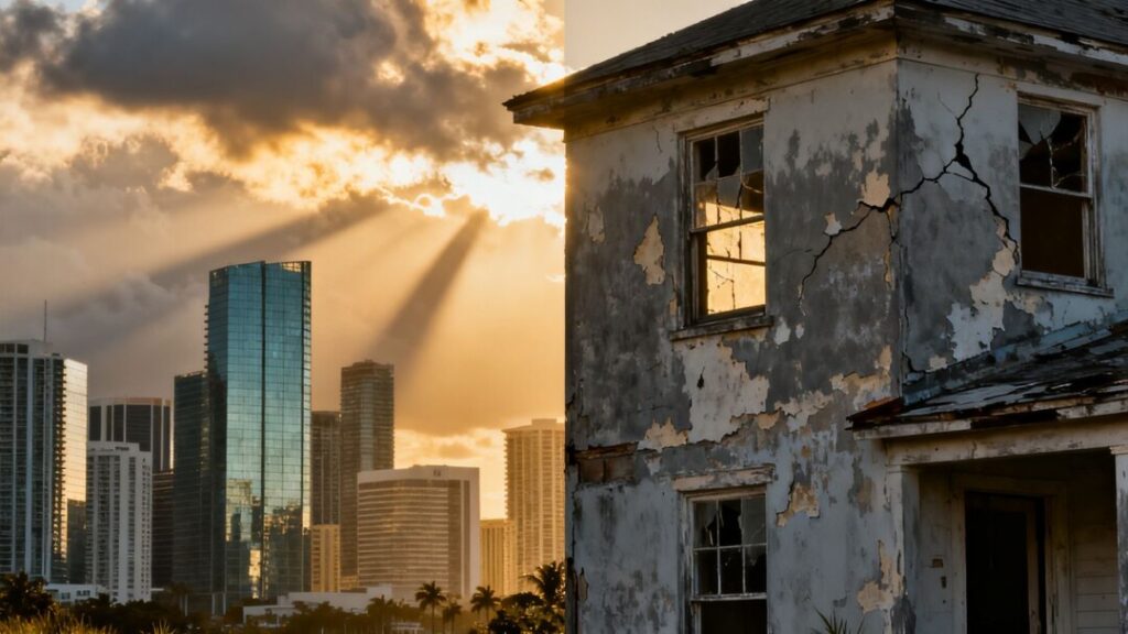 Miami skyline and old house under dramatic sky.